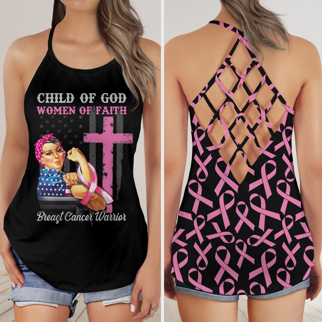 Breast Cancer Warrior Child Of God Women Of Faith Criss-Cross Tank Top