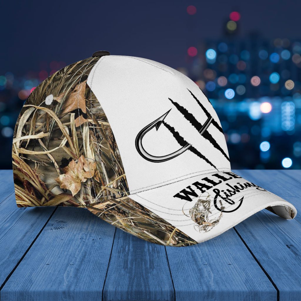 Custom Name Walleye Fishing Camo White  Aop Baseball Cap Hat Dad Gift
