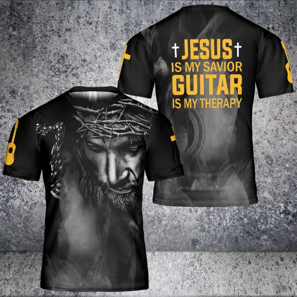 Chriss Jesus Is My Savior Guitar Is My Theraty AOP 3D T-Shirt For Playing Guitar God Lover