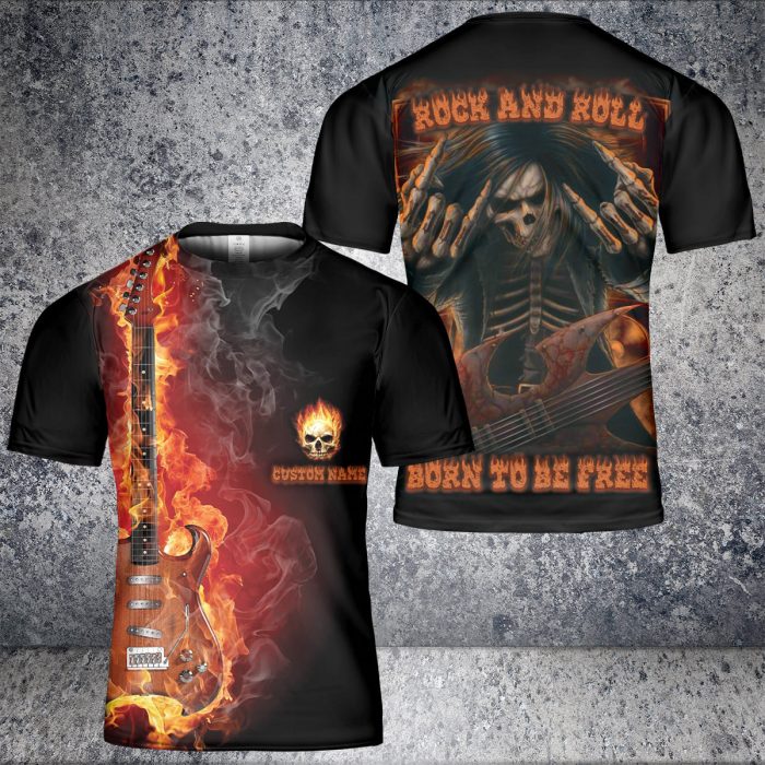 Custom Name Rock Skull Rock Play Guitar Born To Be Free Aop 3D T-Shirt