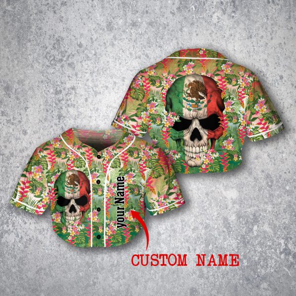 Custom Name Mexico Skull Floral Hawaii Girl Crop Jersey Baseball Women