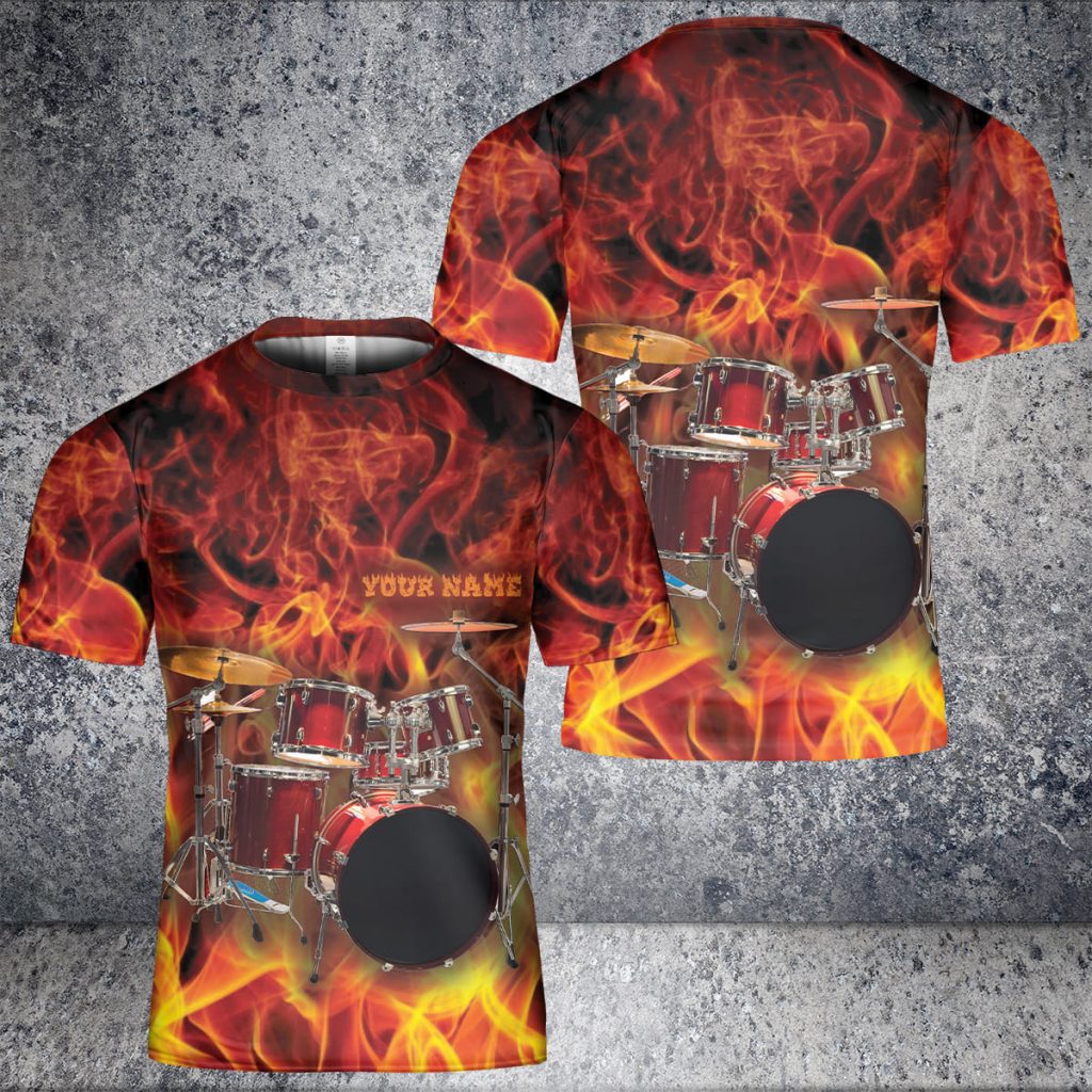 Custom Name Drum Player Rock On Fire Style Aop 3D T-Shirt