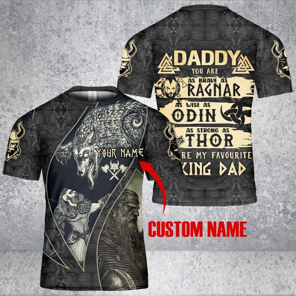 Custom Name skull Daddy Viking Brave Ragas Odin Thor And Sea T-Shirt 3D