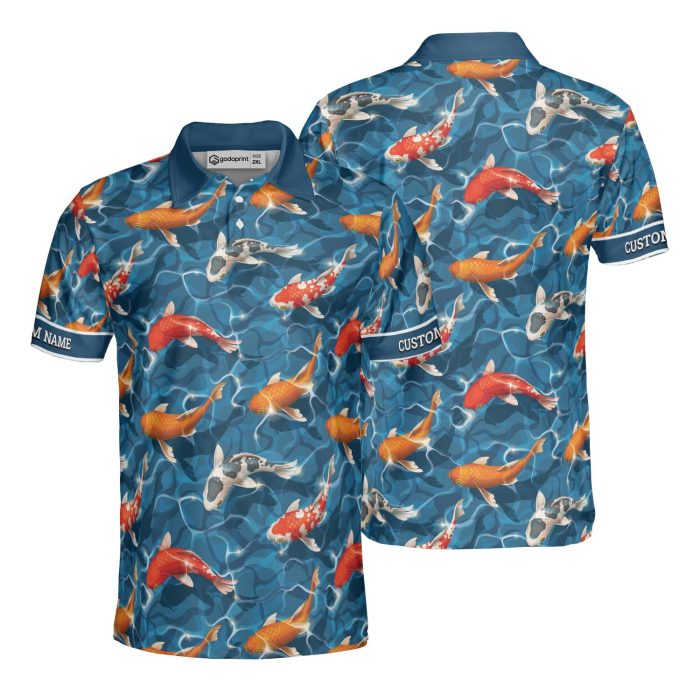 Custom Name Koi Pattern All Over Print Polo Shirt Real Blue Fish For Men