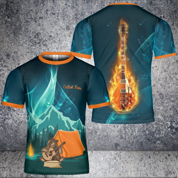 Custom Name Bear Camping Guiter Love Music 3D Unisex Aop T-Shirt
