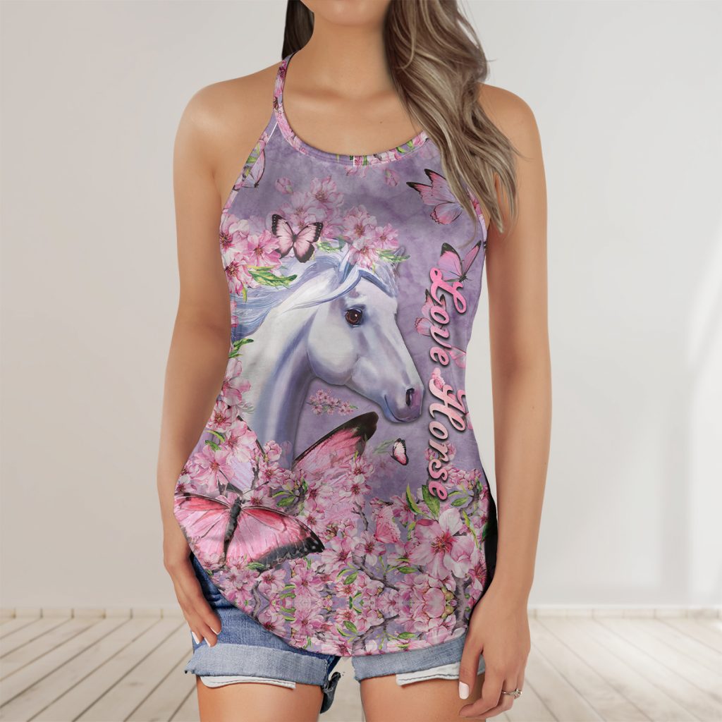 Gift For Horse Lover Horse Pink Foloral Aop Criss-Cross Tank Top