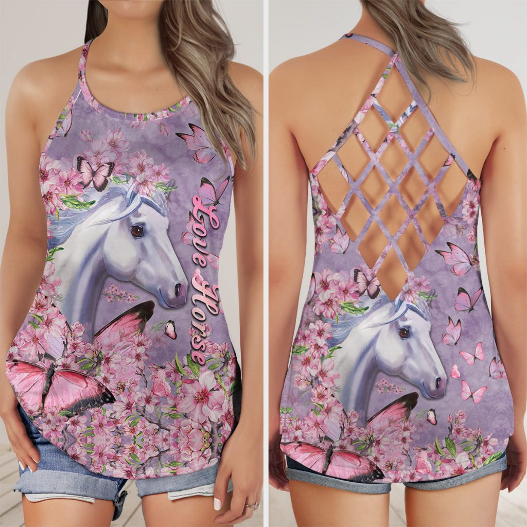 Gift For Horse Lover Horse Pink Foloral Aop Criss-Cross Tank Top