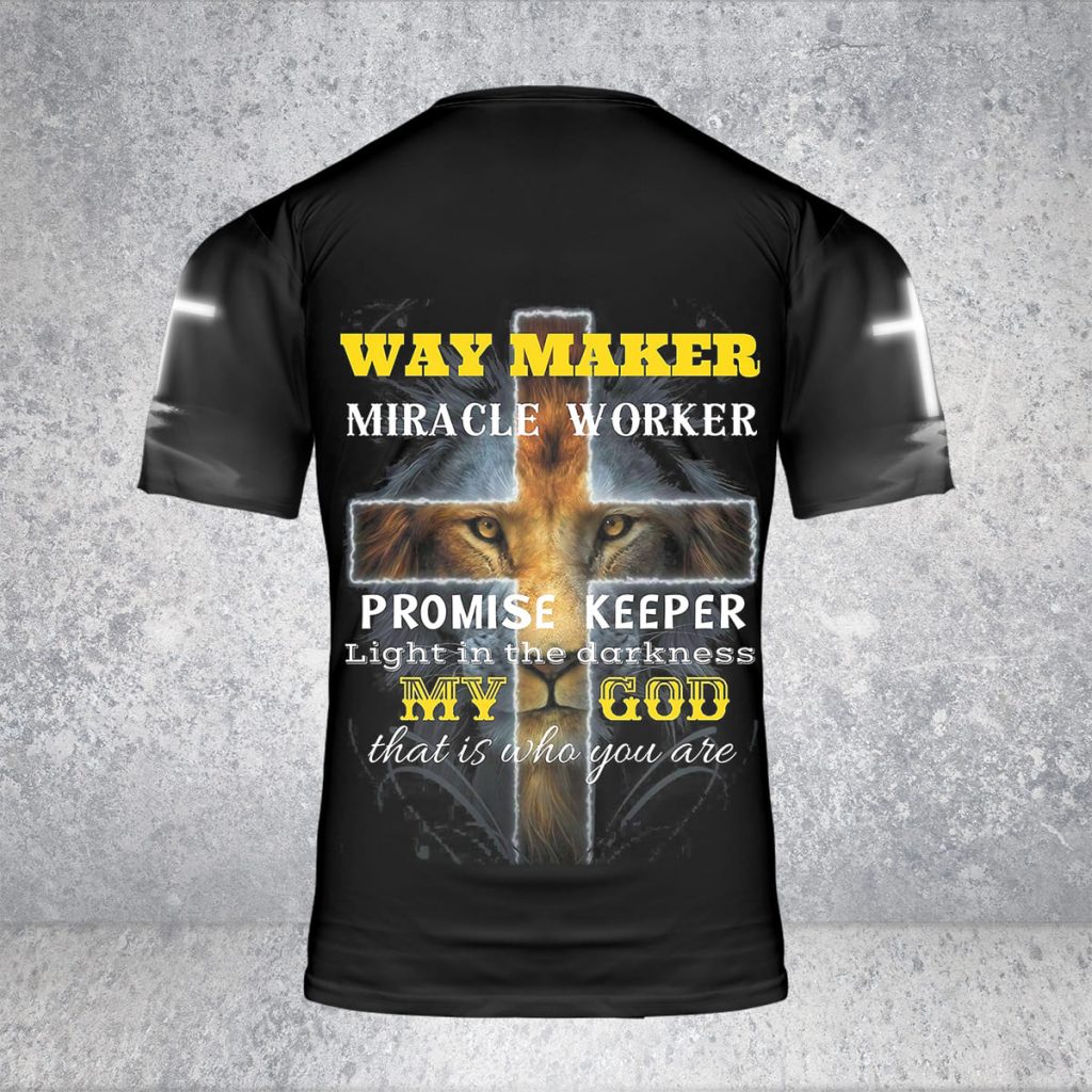 Godoprint Jesus Cross Lion T-Shirt 3D, Way Maker Miracle Worker Promise Keeper Lion Shirt, Christian Shirt Men Gift