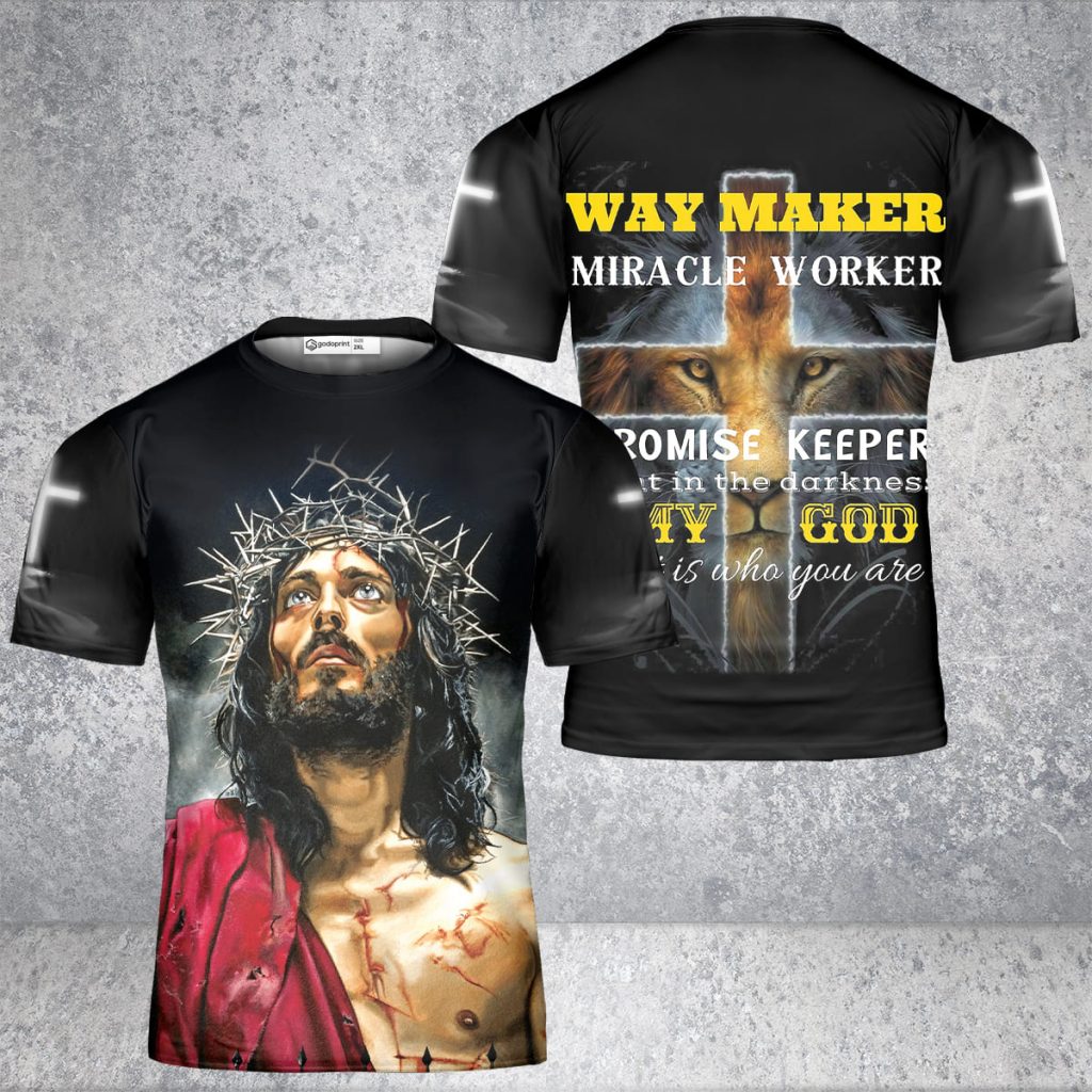 Godoprint Jesus Cross Lion T-Shirt 3D, Way Maker Miracle Worker Promise Keeper Lion Shirt, Christian Shirt Men Gift