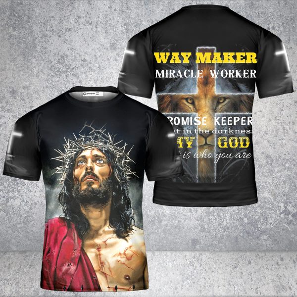 GodoPrint Jesus Cross Lion T-Shirt 3D, Way Maker Miracle Worker Promise Keeper Lion Shirt, Christian Shirt Men Gift