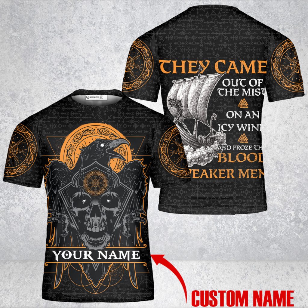 Godoprint Custom Name Viking Shirt 3D, They Came Out Of The Mist Weaker Men Skull Raven Viking Tee