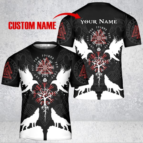 GodoPrint Custom Name Ravens Wolves Norse Mythology Viking T-Shirt 3D Unisex, Viking Shirt for Men Women, Viking Gift