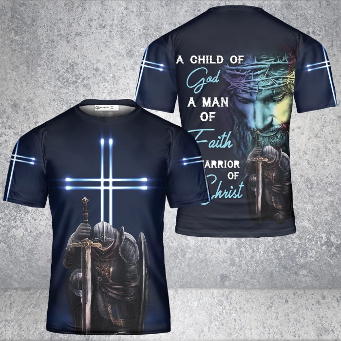 Godoprint Jesus T-Shirt 3D, Child Of God Man Of Faith Warrior Of Christ Knight Templar Shirt, Christian Shirt For Men