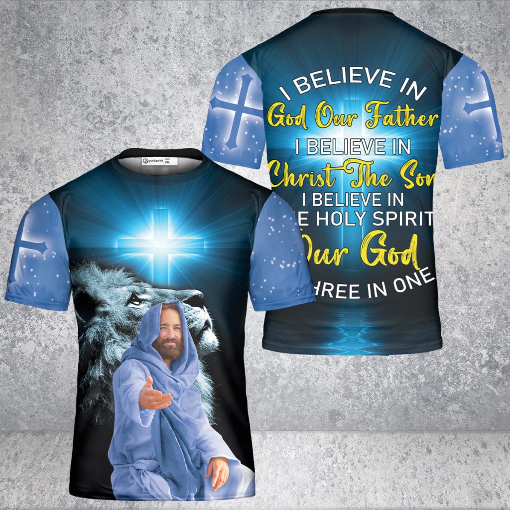 Godoprint I Believe In God Father Christ Son Lion Jesus T-Shirt 3D, Amazing Cross Christian Shirt For Men Women Gift