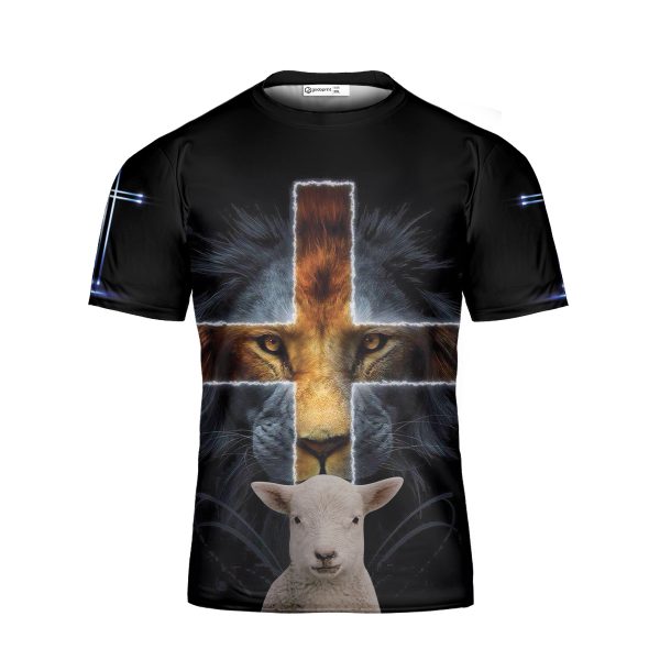 GodoPrint Lion of Judah Lamb of God T-shirt 3D, Jesus Cross Lion Shirt, Christian Shirt for Men Women, Christian Gift