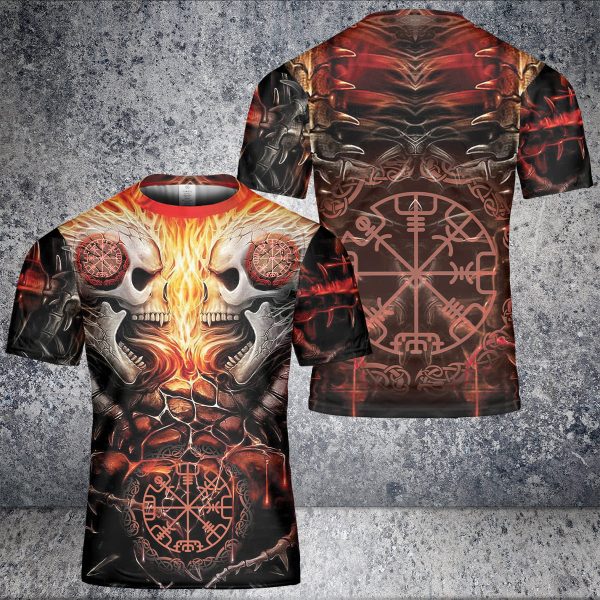 GodoPrint Skull Fire Viking T-Shirt 3D, Backbone Skull Viking Shirt for Men, AOP Viking Tee Gift for Viking Lovers