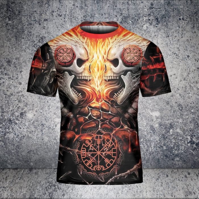 Godoprint Skull Fire Viking T-Shirt 3D, Backbone Skull Viking Shirt For Men, Aop Viking Tee Gift For Viking Lovers