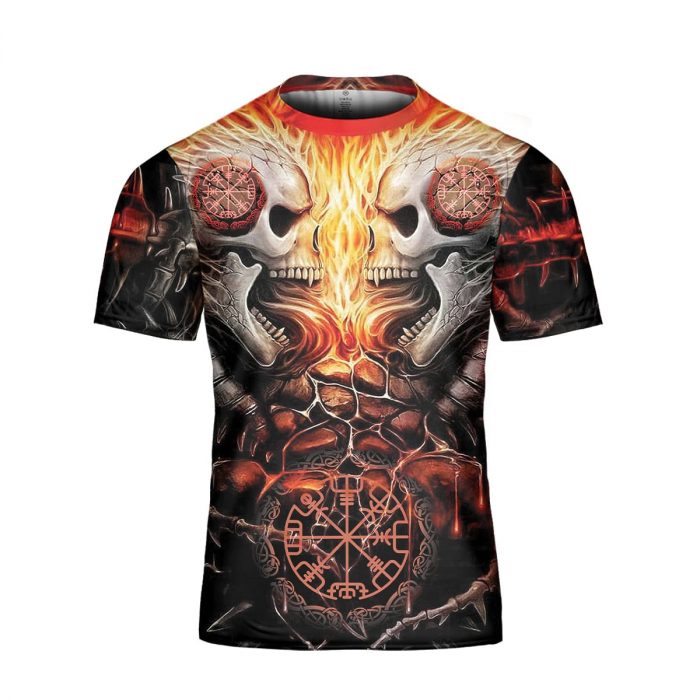 Godoprint Skull Fire Viking T-Shirt 3D, Backbone Skull Viking Shirt For Men, Aop Viking Tee Gift For Viking Lovers