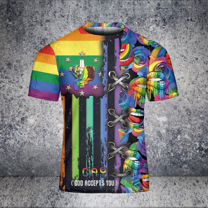 Godoprint Gay God Accepts You Rainbow Lips Lgbt Support Shirt, Gay T-Shirt, Jesus Christian Shirt, Gay Pride Gift