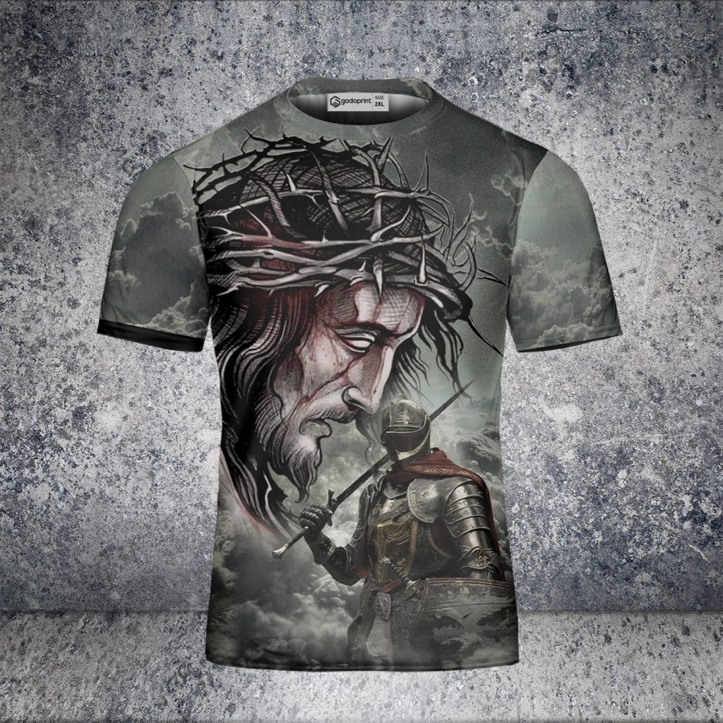 Godoprint Warrior Knight Templar Jesus Shirt, Stand With God Knight Templar T-Shirt 3D, Christian Shirt For Men Gift