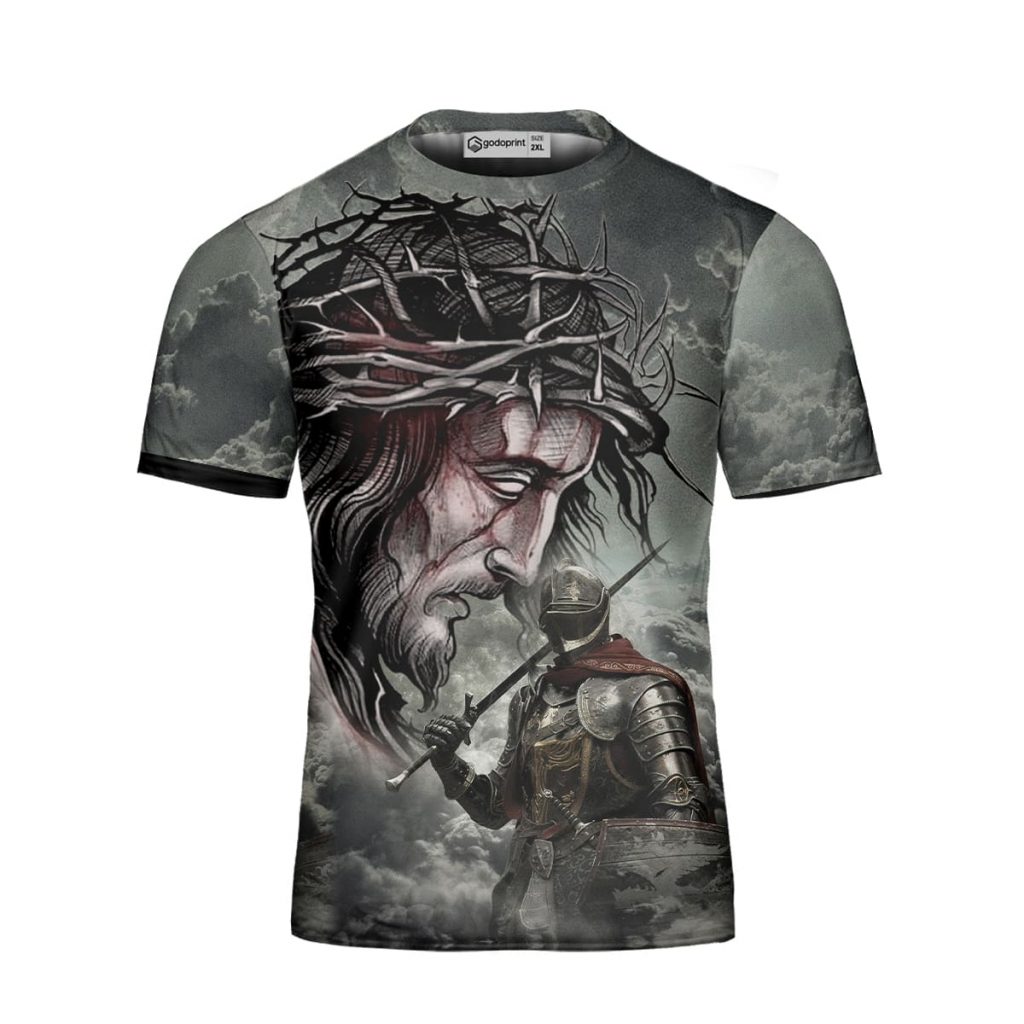 Godoprint Warrior Knight Templar Jesus Shirt, Stand With God Knight Templar T-Shirt 3D, Christian Shirt For Men Gift