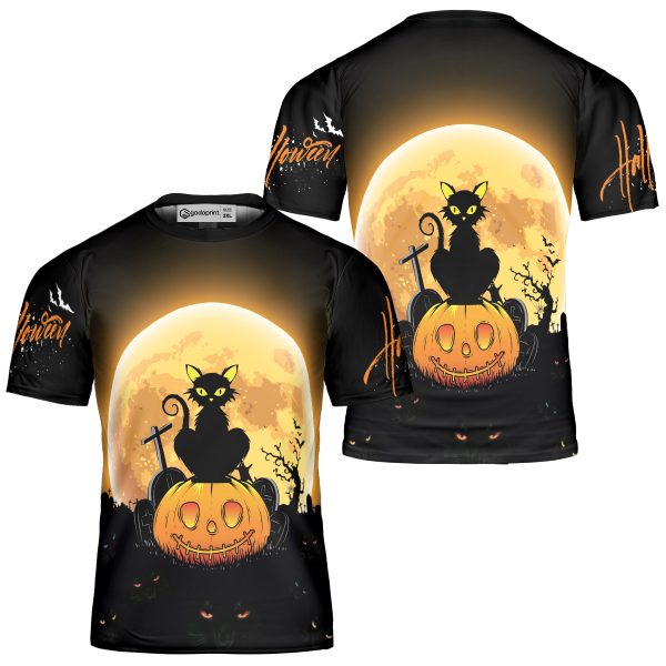 GodoPrint Black Cat Pumpkin Funny Halloween T-Shirt 3D, Halloween Shirt, Scary Black Cat Shirt, Halloween Tee Gift
