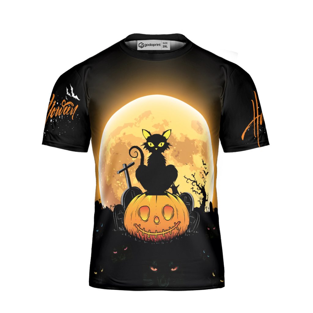 Godoprint Black Cat Pumpkin Funny Halloween T-Shirt 3D, Halloween Shirt, Scary Black Cat Shirt, Halloween Tee Gift