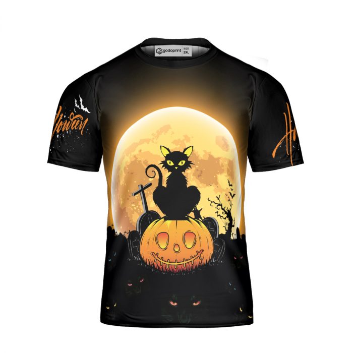 Godoprint Black Cat Pumpkin Funny Halloween T-Shirt 3D, Halloween Shirt, Scary Black Cat Shirt, Halloween Tee Gift