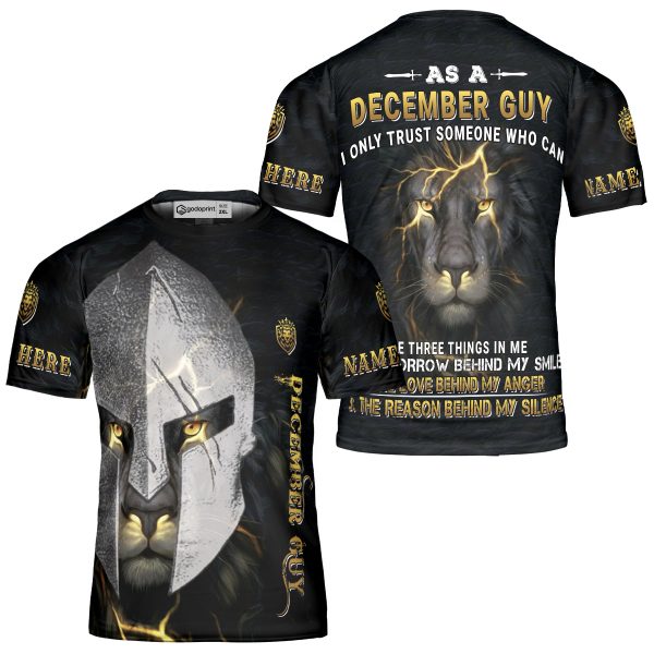GodoPrint Custom Name Lion Knight Helmet December Guy T-shirt 3D, Lion Shirt, Jesus Christian Shirt for Men’s Birthday