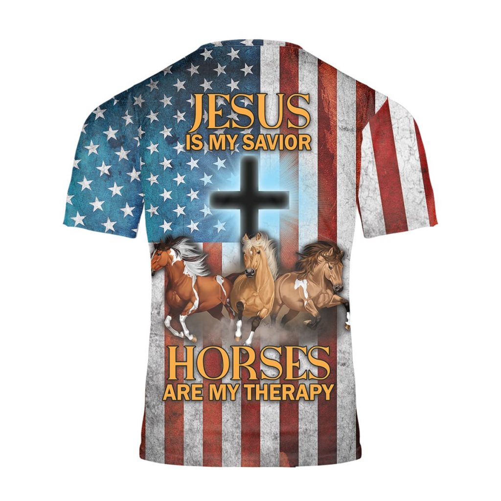 GodoPrint Jesus Is My Savior Horses Are My Therapy Horse T-shirt for Men Women, Christian American Gift, Horse Shirt