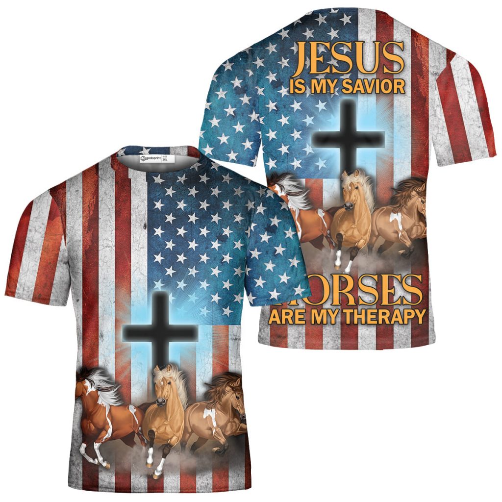 GodoPrint Jesus Is My Savior Horses Are My Therapy Horse T-shirt for Men Women, Christian American Gift, Horse Shirt