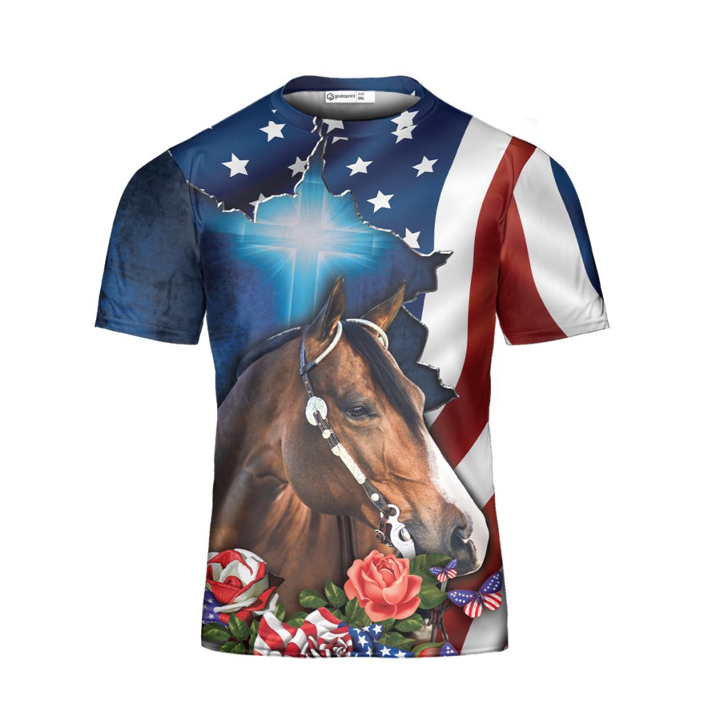 GodoPrint Girl Runs on Jesus and Horses 3D Shirt for Women Girls, American Horse Lover Horse Rider Christian Gift