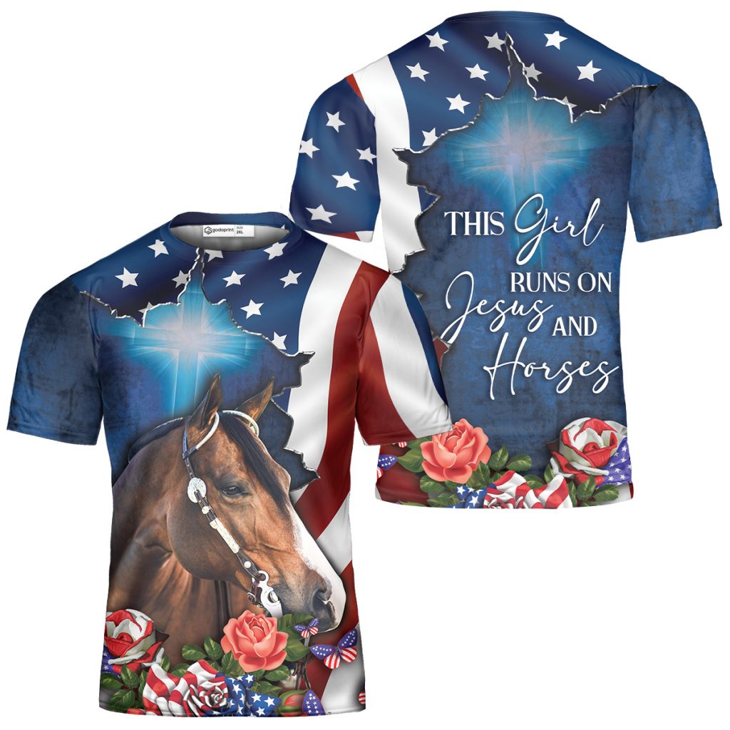 GodoPrint Girl Runs on Jesus and Horses 3D Shirt for Women Girls, American Horse Lover Horse Rider Christian Gift