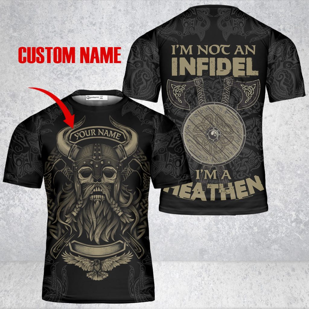 GodoPrint Custom Name Viking T-shirt 3D, I’m A Heathen Norse Tattoo Skull Warrior Vikings Shirt for Men, Viking Gift