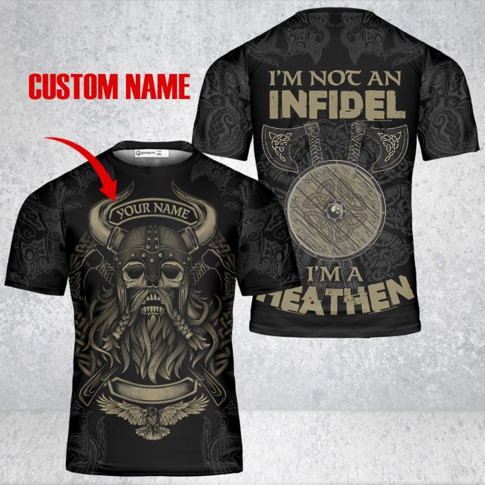 Godoprint Custom Name Viking T-Shirt 3D, I’M A Heathen Norse Tattoo Skull Warrior Vikings Shirt For Men, Viking Gift