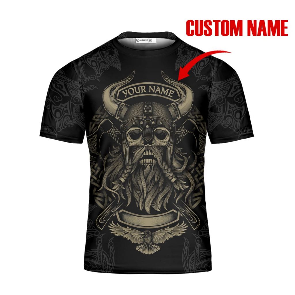 GodoPrint Custom Name Viking T-shirt 3D, I’m A Heathen Norse Tattoo Skull Warrior Vikings Shirt for Men, Viking Gift