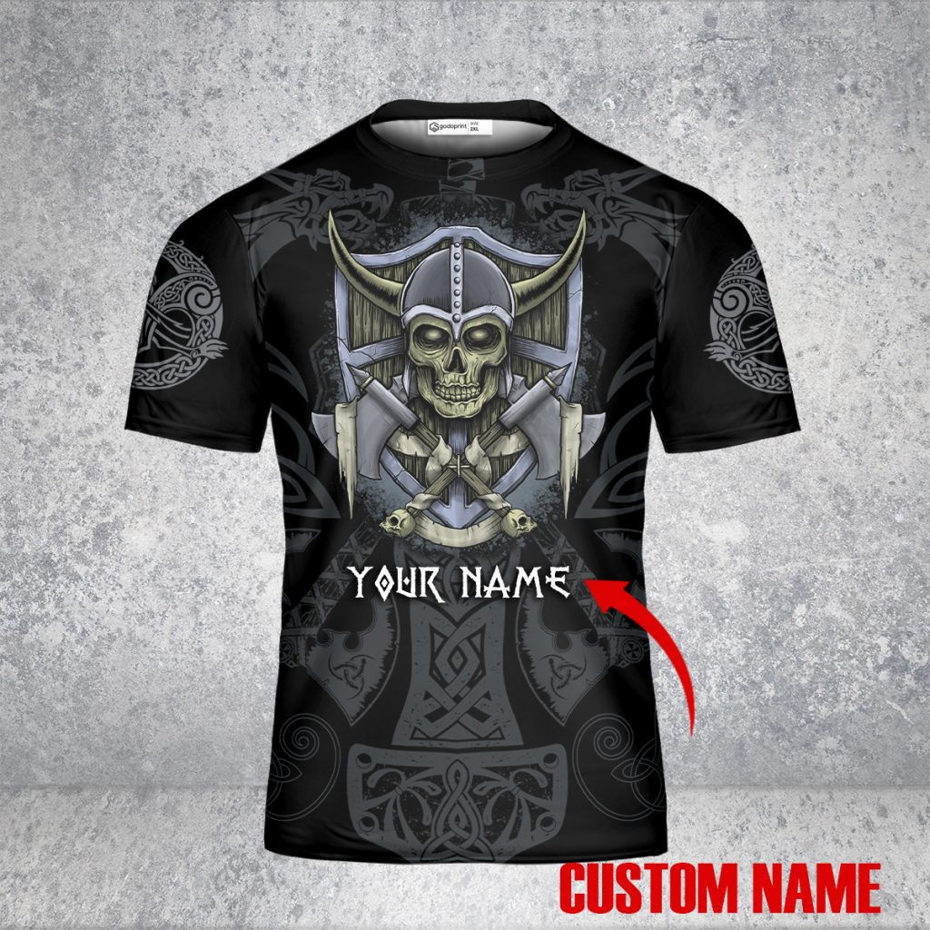 Godoprint Custom Name Skull Warrior I’M A Heathen Viking T-Shirt 3D, Aop Viking Shirt For Men, Halloween Viking Gift