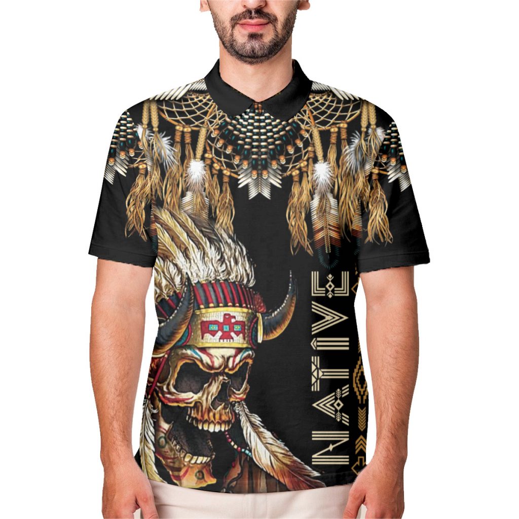 Godoprint Native American Skull Polo Shirt, Indigenous American Indians T-Shirt, Native American Pride Gift For Men