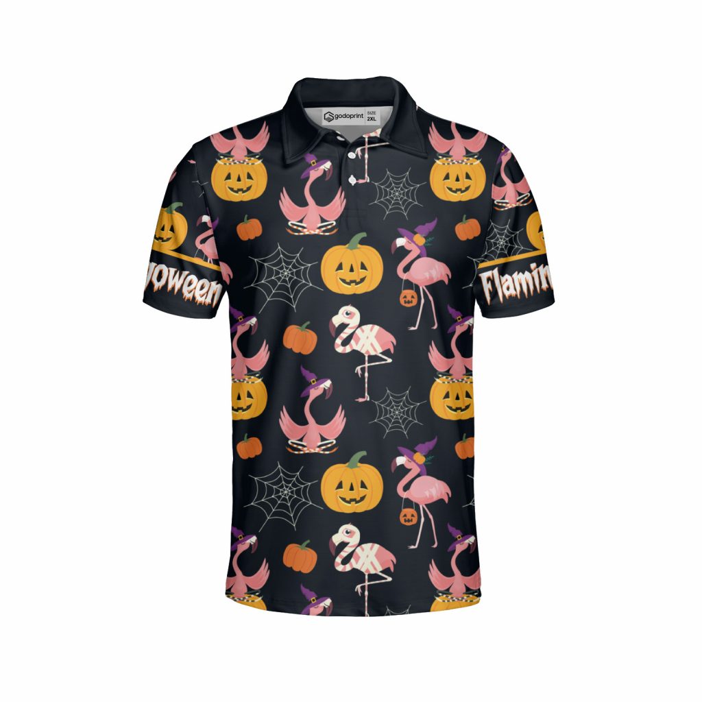 Godoprint Funny Flamingo Witch Pumpkin Halloween Polo Shirt, Flamingo Shirt, Halloween Shirt, Gift For Men Women