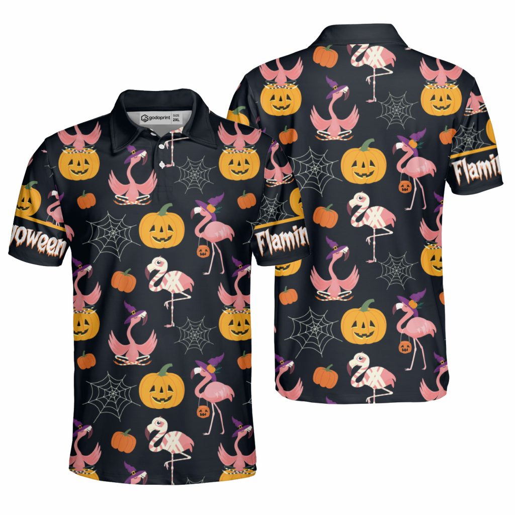 Godoprint Funny Flamingo Witch Pumpkin Halloween Polo Shirt, Flamingo Shirt, Halloween Shirt, Gift For Men Women