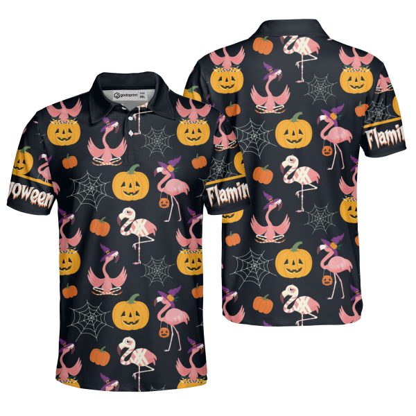 GodoPrint Funny Flamingo Witch Pumpkin Halloween Polo Shirt, Flamingo Shirt, Halloween Shirt, Gift for Men Women