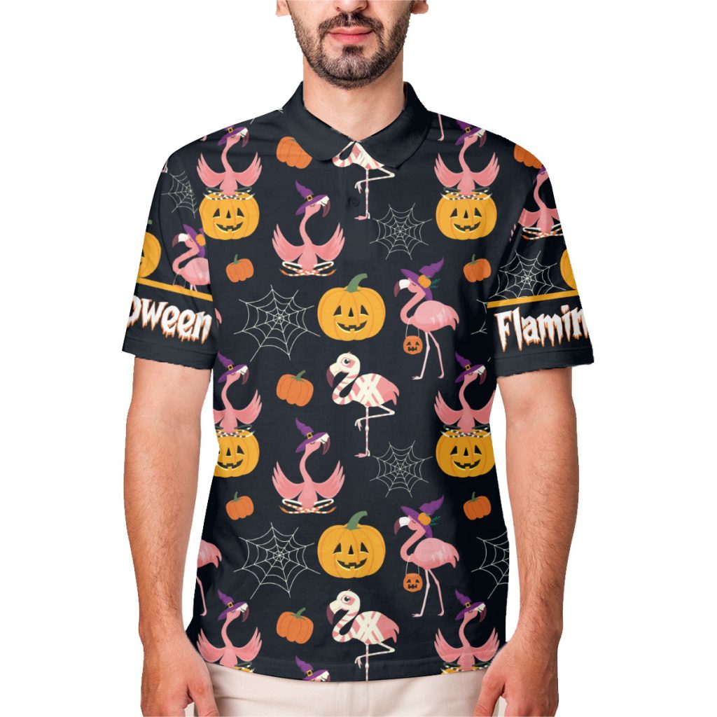 Godoprint Funny Flamingo Witch Pumpkin Halloween Polo Shirt, Flamingo Shirt, Halloween Shirt, Gift For Men Women