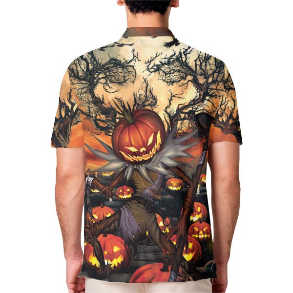 GodoPrint Carving Spooky Tree Pumpkin Halloween Polo Shirt, AOP Short Sleeve Halloween Shirt for Men, Scary Gift