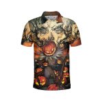 GodoPrint Carving Spooky Tree Pumpkin Halloween Polo Shirt, AOP Short Sleeve Halloween Shirt for Men, Scary Gift