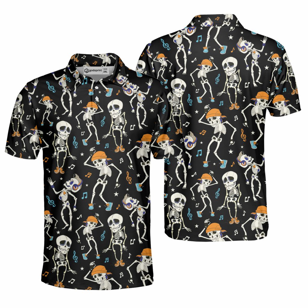 Godoprint Skeleton Chilling Hawaiian Halloween Polo Shirt, Music And Skeleton Shirt For Men, Gift For Music Lover