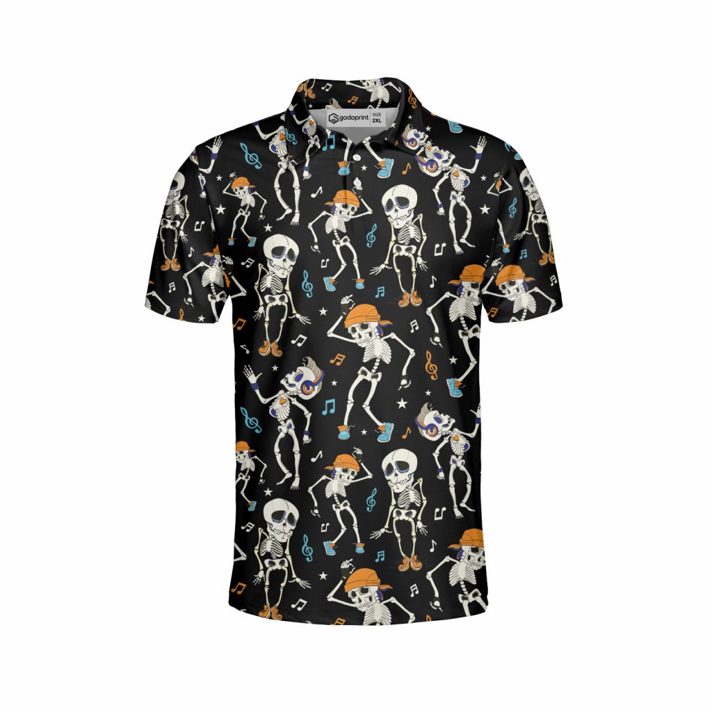 Godoprint Skeleton Chilling Hawaiian Halloween Polo Shirt, Music And Skeleton Shirt For Men, Gift For Music Lover