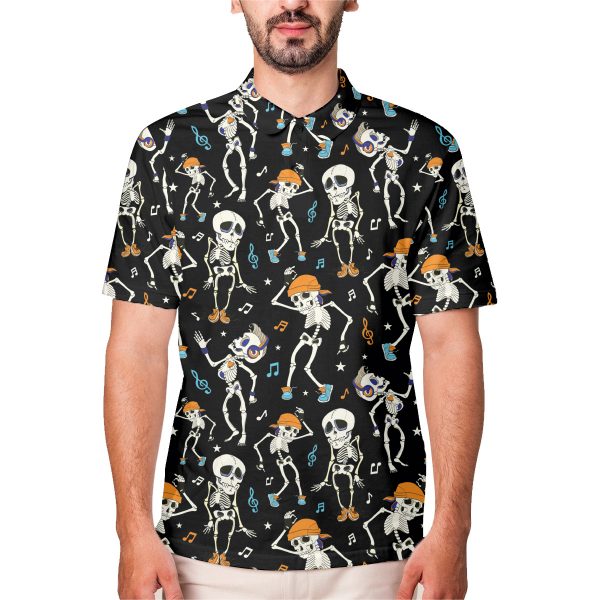 GodoPrint Skeleton Chilling Hawaiian Halloween Polo Shirt, Music and Skeleton Shirt for Men, Gift for Music Lover