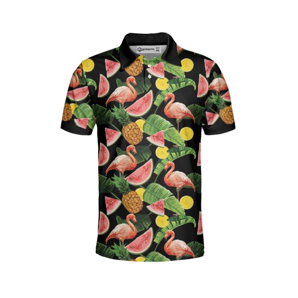 GodoPrint Flamingo Tropical Fruit Hawaiian AOP Short Sleeve Polo Shirt, Flamingo Gift, Flamingo Shirt for Men Women