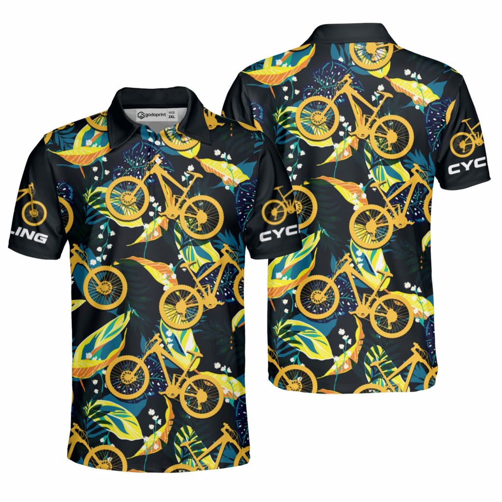 Godoprint Cycling Tropical Aop Polo Shirt For Men, Cycling Shirt, Bicycle Hawaiian Style Short Sleeve Cyclist Polo