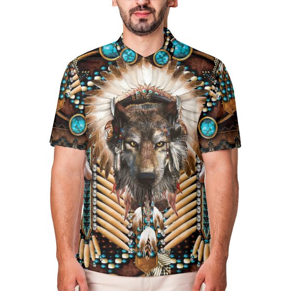 GodoPrint Men’s Native American Polo Shirt – Native American Indians Wolf Witch Short Sleeve Tees for Men